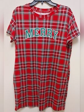 Joyspun Nightshirt Size Sm/MD "Merry" Red Plaid Chemise w/pockets Like New